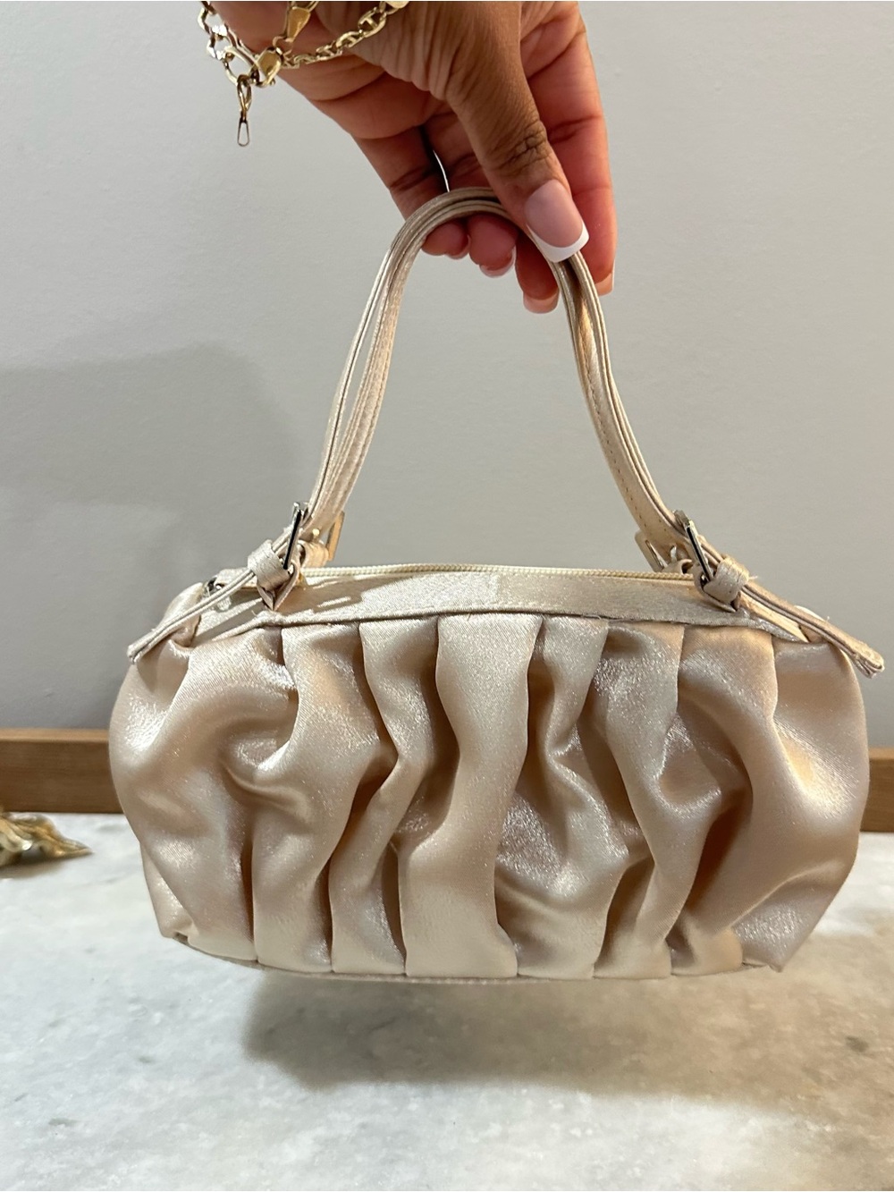 Top handle going out small Cream Satin Pleated Women's Handbag